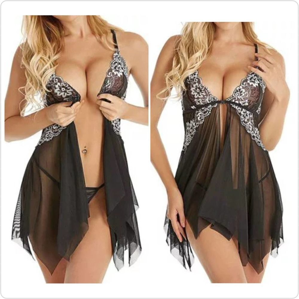 Sexy Sheer Stretch Lace Mesh Front Closure Babydoll Lingerie sz S